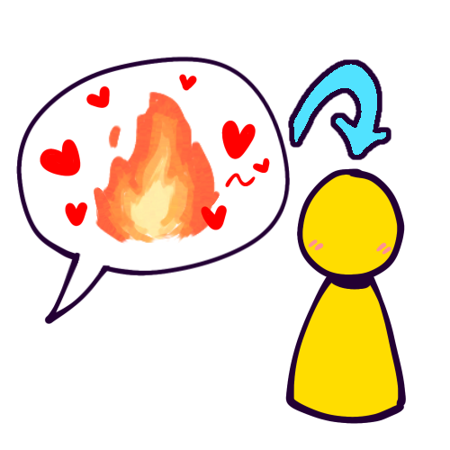 A big speech bubble containing a flame surrounded by hearts. The speech bubble’s tail points off-screen to the left, to show that whoever is saying this is off-screen. A blue arrow points from the speech bubble to a featureless, simply drawn yellow person, who is blushing, showing that the words are describing the person we can see.