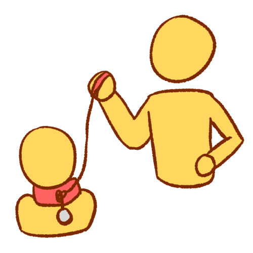 A drawing of two people, with one above the other holding a leash to the collar that the lower one wears.
