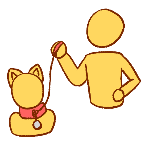 A drawing of two people, with one above the other holding a leash to the collar that the lower one wears. The one on a leash has cat ears.