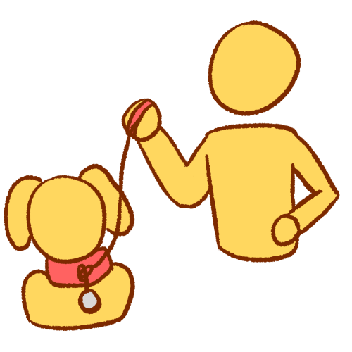 A drawing of two people, with one above the other holding a leash to the collar that the lower one wears. The one on a leash has dog ears.