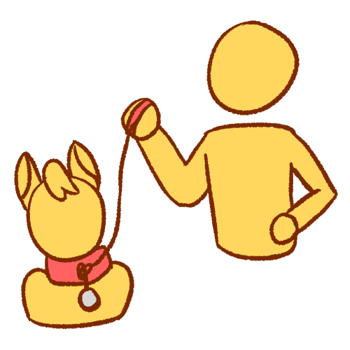 A drawing of two people, with one above the other holding a leash to the collar that the lower one wears. The one on a leash has pony ears and a mane.