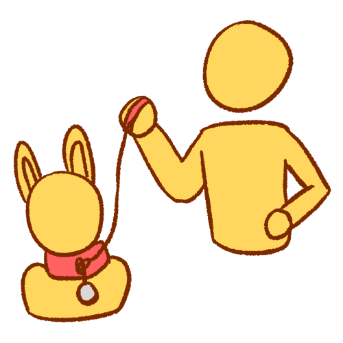 A drawing of two people, with one above the other holding a leash to the collar that the lower one wears. The one on a leash has bunny ears.