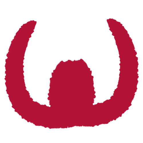 A red glyph shaped like a rounded 'w,' with a dark oval in the centre at the bottom