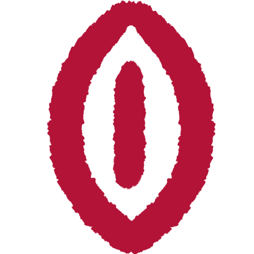 A red glyph shaped like an almond, with a vertical line in the centre