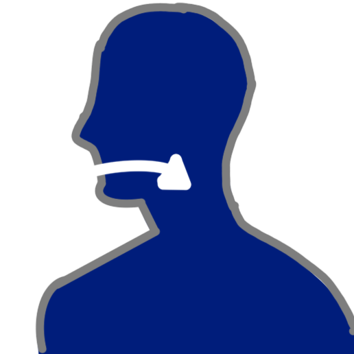 a dark blue silhouette of the head and shoulders of a person. where their mouth is there is a white arrow pointing down their throat
