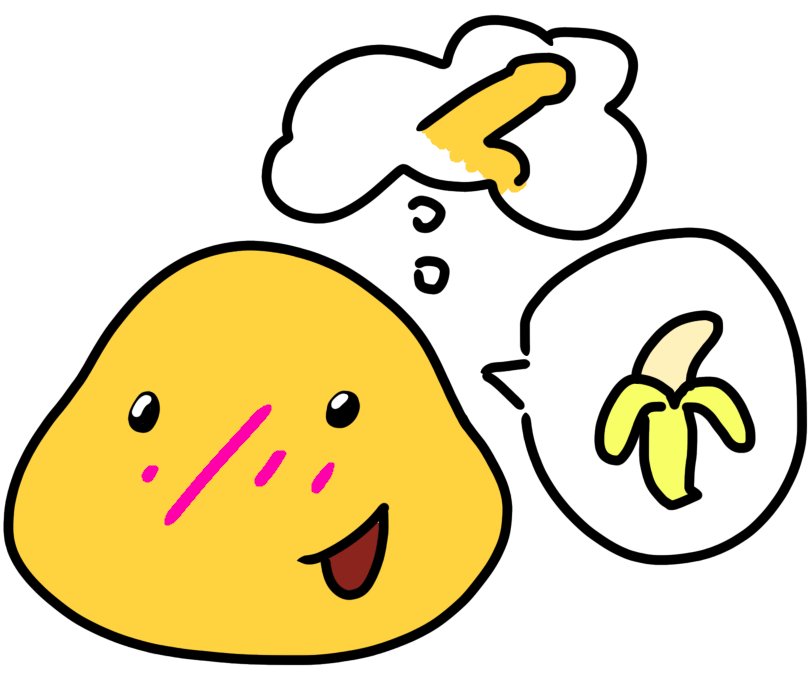 A person with a thought bubble and a speech bubble above their head. The speech bubble has a banana in it, while the thought bubble has a penis.