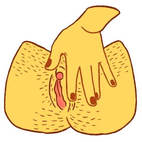 a digitally drawn image of a splayed hand next to a vagina between spread legs. there is hair on their legs and lips.