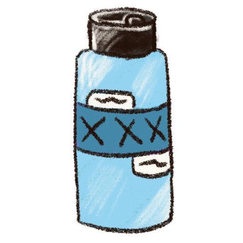 A drawing of a light blue bottle of lube with a black cap, and a dark blue label on it that reads 'XXX'.