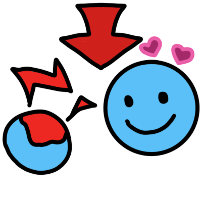 A red arrow pointing down at a blue smiley face with hearts above it, looking at a blue circle with a red patch and red zigzags coming from it, representing pain.