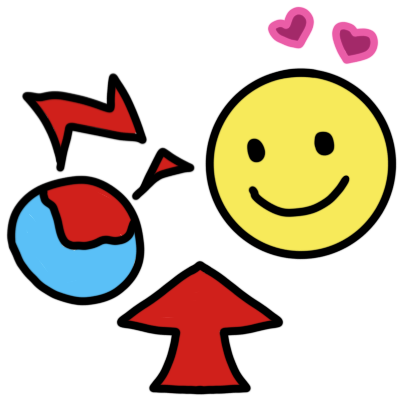 A red arrow pointing up at a yellow smiley face with hearts above it, looking at a blue circle with a red patch and red zigzags coming from it, representing pain.