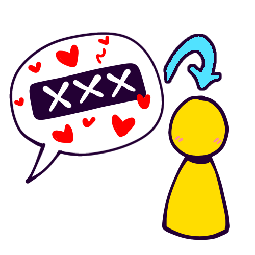 A big speech bubble containing a black bar labeled “XXX” surrounded by hearts. The speech bubble’s tail points off-screen to the left, to show that whoever is saying this is off-screen. A blue arrow points from the speech bubble to a featureless, simply drawn yellow person, who is blushing, showing that the words are describing the person we can see. 