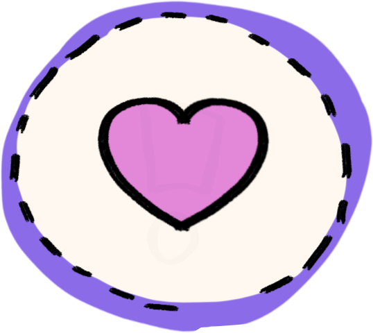 A purple-pink heart in a white circle. There is a dotted black line around the white circle, and a thicker purple-blue border.