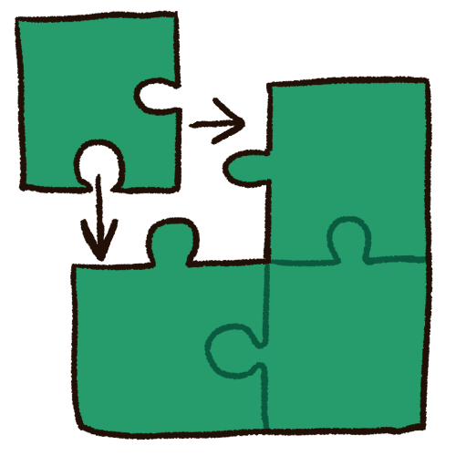 A drawing of four puzzle pieces, with three of them being connected and one of them not. The puzzle peice that is not connected has arrows pointing from it to the other puzzle peices. All the puzzle peices are green.