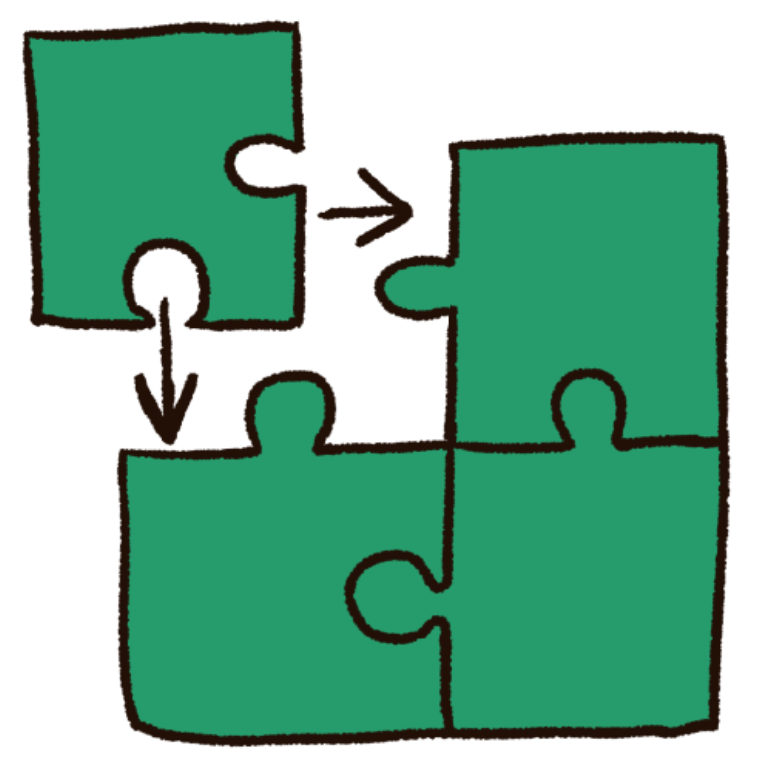 A drawing of four puzzle pieces, with three of them being connected and one of them not. The one that isn't connected has arrows pointing from it to the other pieces. The pieces are green and the lines between the connected pieces are dark green