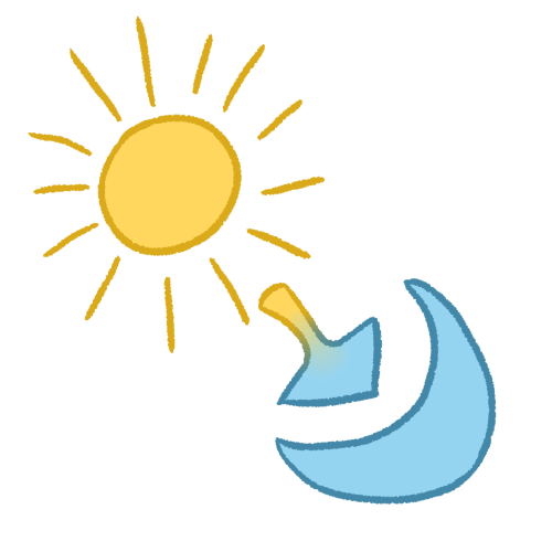  a yellow sun and a light blue crescent moon, with a yellow-to-blue gradient arrow between them pointing from the sun to the moon.