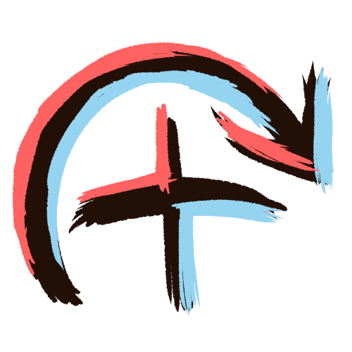 a rotating arrow encircing a plus symbol, shaded with red, black and blue to look 3d.