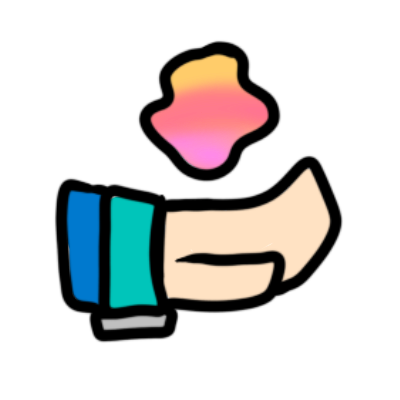 A simplified hand with a yellow and pink blob above it. The hand has pale skin, a green wristband and a blue wristband.