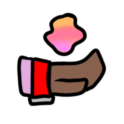 A simplified hand with a yellow and pink blob above it. The hand has brown skin, a red wristband and a purple wristband.