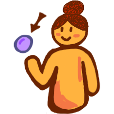 yellow figure with hair in a bun/puff and a hand out, a purple ball is hovering over the hand and an arrow points to the ball