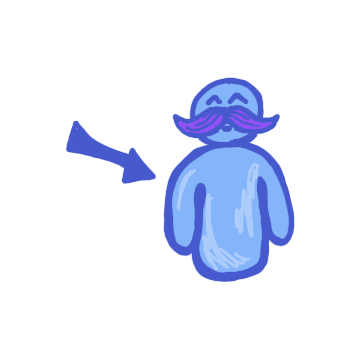 arrow pointing at blue figure with big mustache