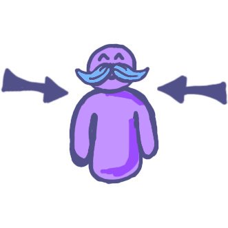 2 arrows on either side of a purple figure with large blue mustache, the arrows point twords the figure.