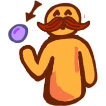 yellow figure with a large mustache has a hand out, a purple ball is hovering over the hand and an arrow points to the ball 