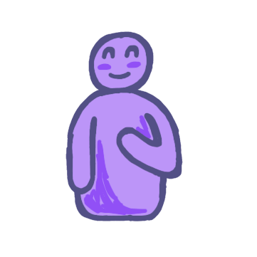 a purple figure with a slight smile and 2 curves for eyes pointing at themselves with their hand