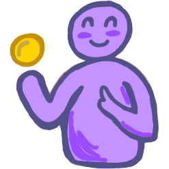 purple figure with slight smile and curved lines for eyes pointing at themselves with a finger. They have their other hand to the side with a yellow ball floating over it.