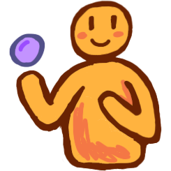 yellow figure with slight smile and vertical lines for eyes pointing at themselves with one hand; the other hand has a purple ball floating above it.