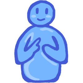 blue figure with slight smile and vertical ovals for eyes pointing at themselves with both hands, one hand is pointing with one finger the other the whole hand