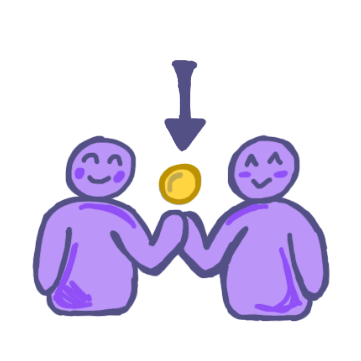 2 purple figures holding a ball with an arrow pointing at the ball.