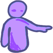 purple figure pointing