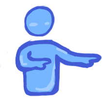 blue figure pointing with both hands