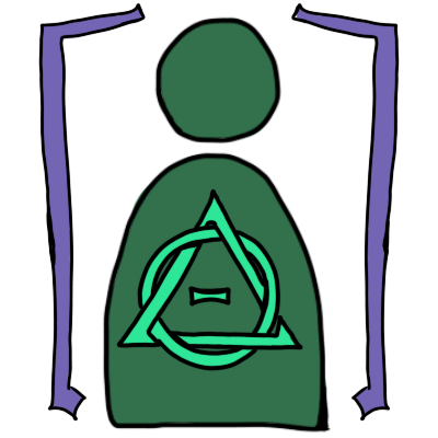 a dark green figure with a light green therianthropy symbol with purple brackets aroud them