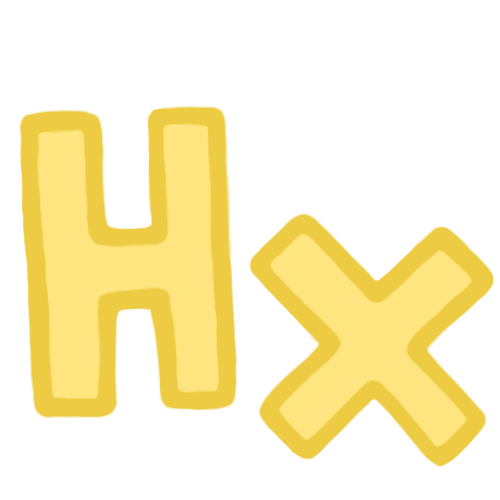 the letters 'hx' in a hand-drawn bold font in pastel yellow and outlined in a darker yellow.