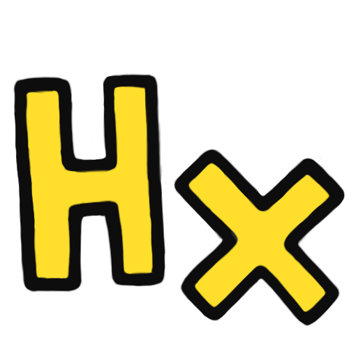 the letters 'hx' in a hand-drawn bold font in yellow and outlined in black.