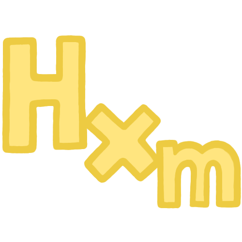 the letters 'hxm' in a hand-drawn bold font in pastel yellow and outlined in a darker yellow