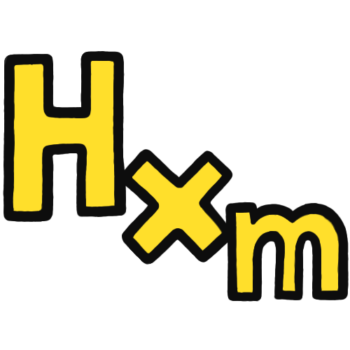 the letters 'hxm' in a hand-drawn bold font in a bold yellow and black outline 