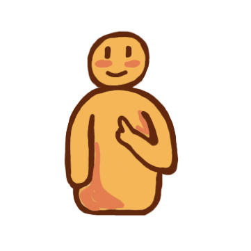 a yellow figure with a small smile and two vertical lines for eyes pointing at themselves with one finger