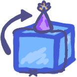 a blue cube wearing a purple party hat with a blue and yellow tuft, an arrow points from the cube to the hat