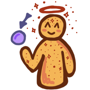  a yellow figure with a purple ball covering above its arm. An arrow points at the ball. Above the figure is a halo surrounded by stars, there are also stars across its body.