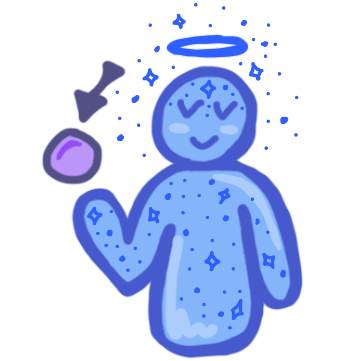 a blue figure with a purple ball hovering above its hand, an arrow points to the ball. Above the figure is a halo surrounded by stars, the stars also stretch across the figure’s body