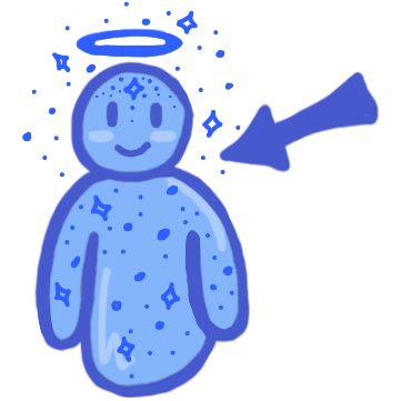 a blue figure with an arrow pointing at it from the right. Above the figure is a halo surrounded by stars, there are also stars across its body.