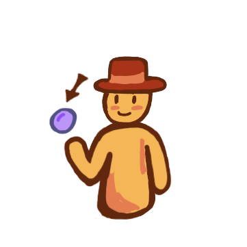 yellow figure with red orange hat has hand out and a purple ball floats over it, an arrow points at the purple ball.