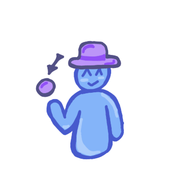 blue figure with purple hat has hand out and a purple ball floats over it, an arrow points at the purple ball