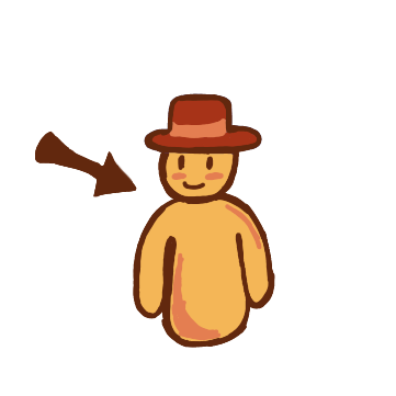 an arrow points at a yellow figure with red-orange hat.