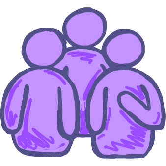 3 purple figures, 2 side by side and one behind, the figure in front to the right is pointing at themselves and the group with one finger.