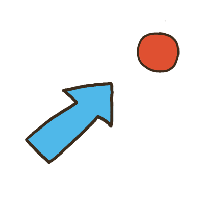 A blue arrow pointing at a red ball that's far away from it.