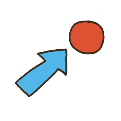 A blue arrow pointing at a red ball that's near to it.