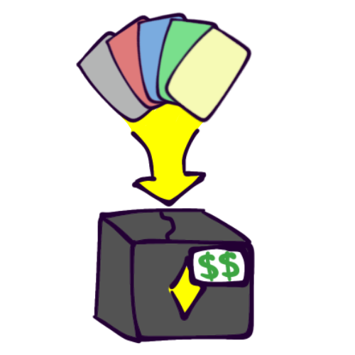 A drawing showing several differently colored generic cards. A yellow arrow goes from the cards to the top of a dark grey box decorated with a yellow four pointed star that has a price tag displaying two dollar signs. A white oval surrounds the box.